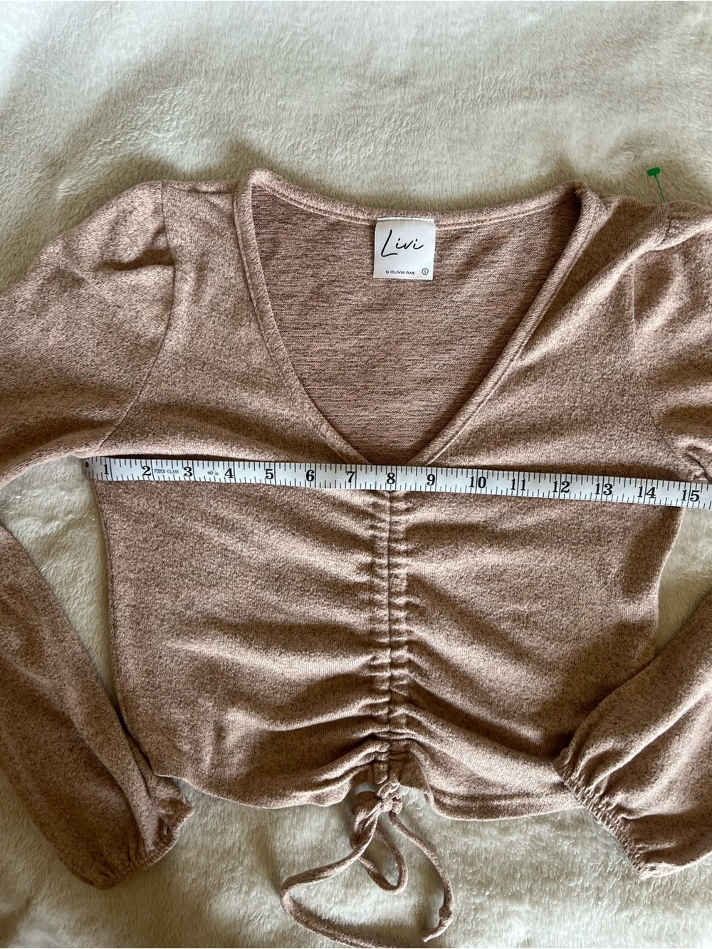 Women's tan Ruched Drawstring Long-Sleeve Top - Picture 3 of 4